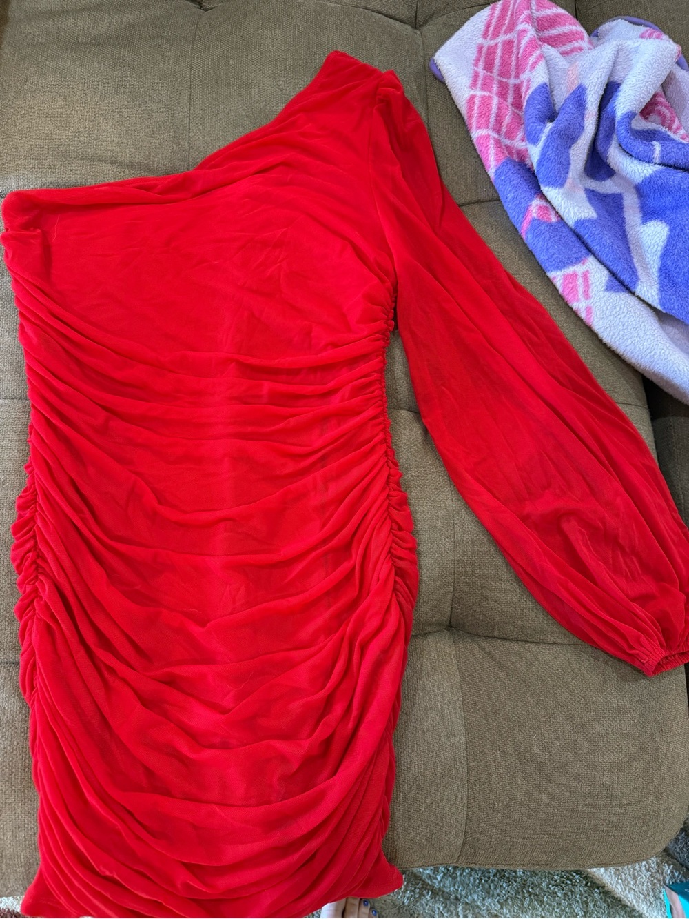 Amazon One-Shoulder Ruched Red Dress with Long Sleeve